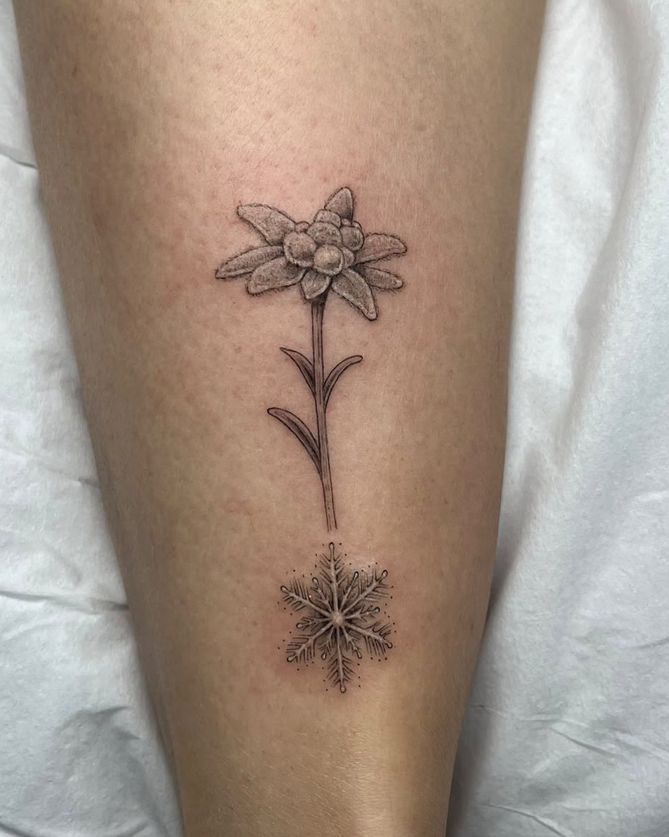 Flor de edelweiss y un copo de nieve en línea fina en la pierna