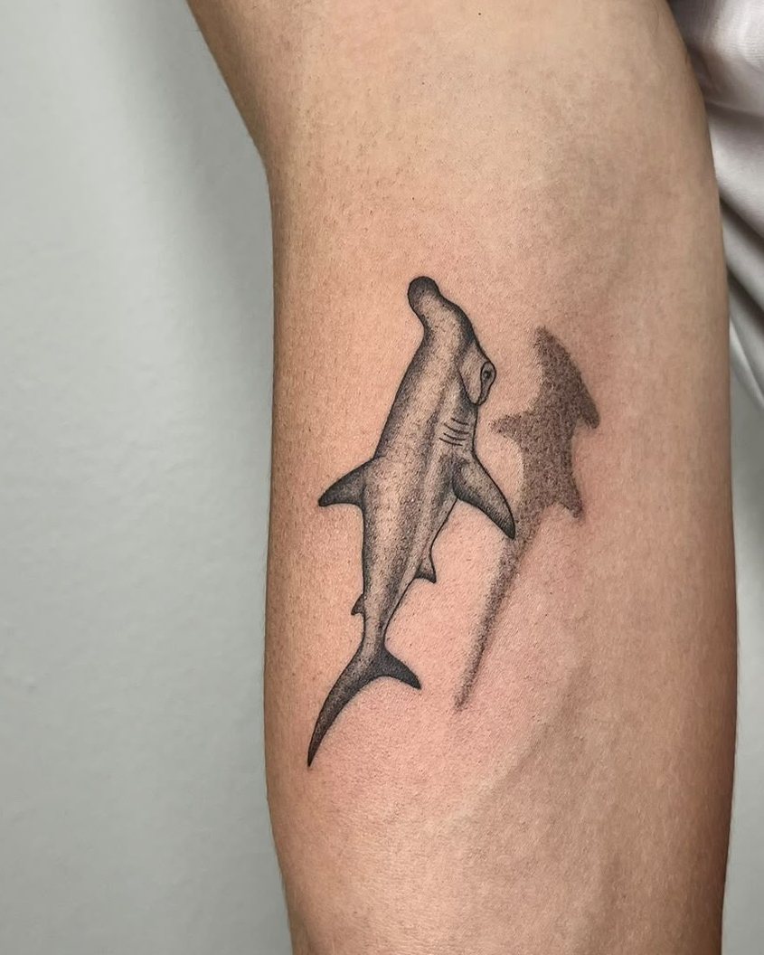 Dos tiburones martillo de microrealismo en el brazo